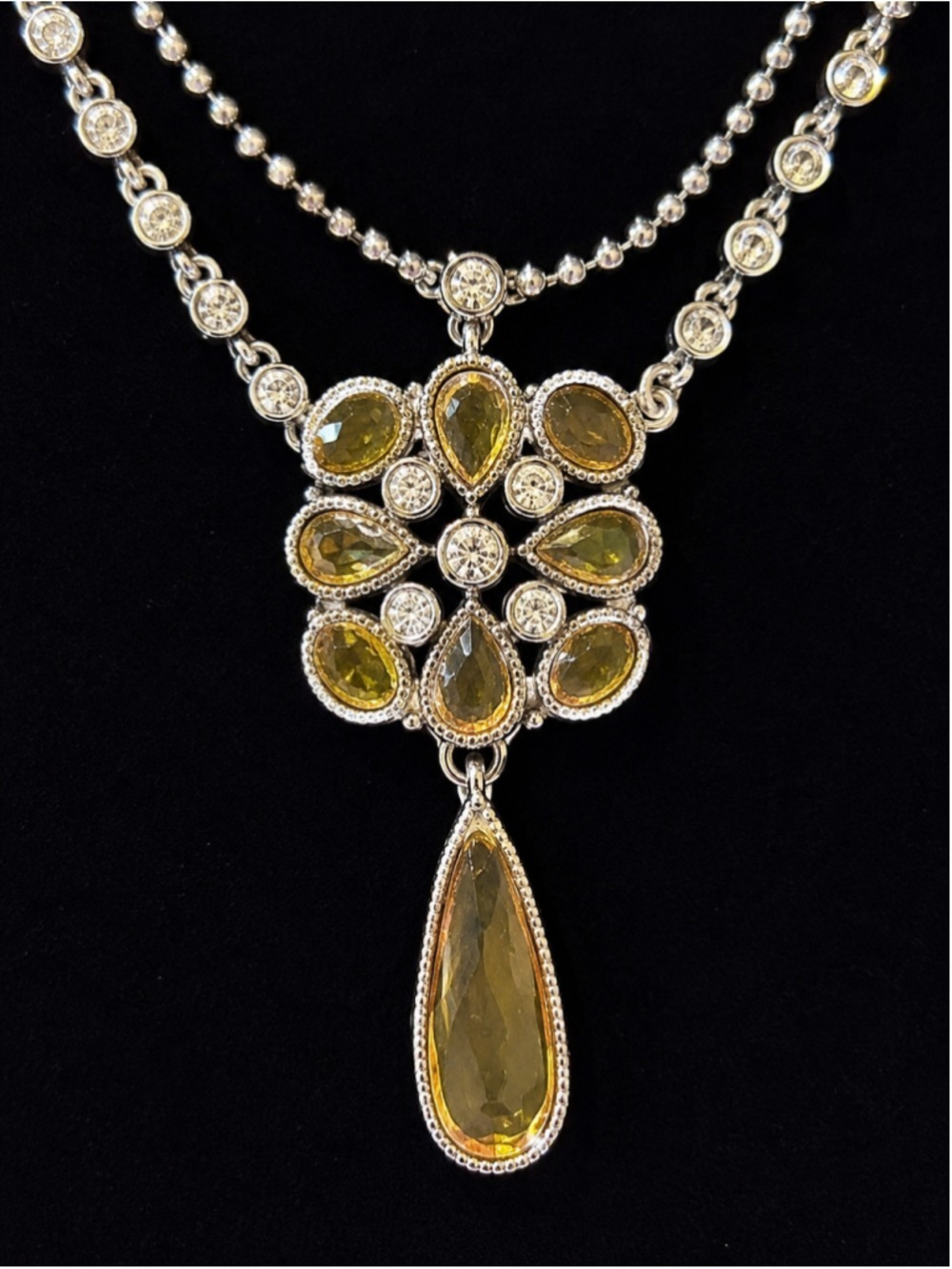 COOKIE LEE Silver Tone Yellow Crystal Statement Necklace Rhinestone Drop Pendant